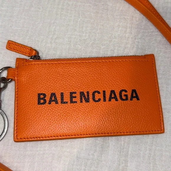 New $395 Balenciaga Calfskin Logo Cash Coin Holder Keychain in Orange! GIFT - Picture 3 of 7